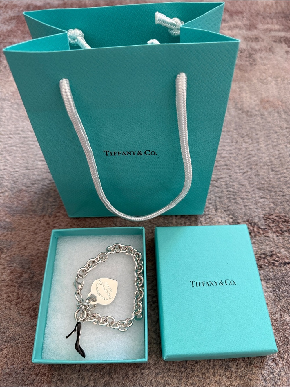 Tiffany & Co. Sterling Silver Heart Tag Bracelet with Blue Accents size 7.5